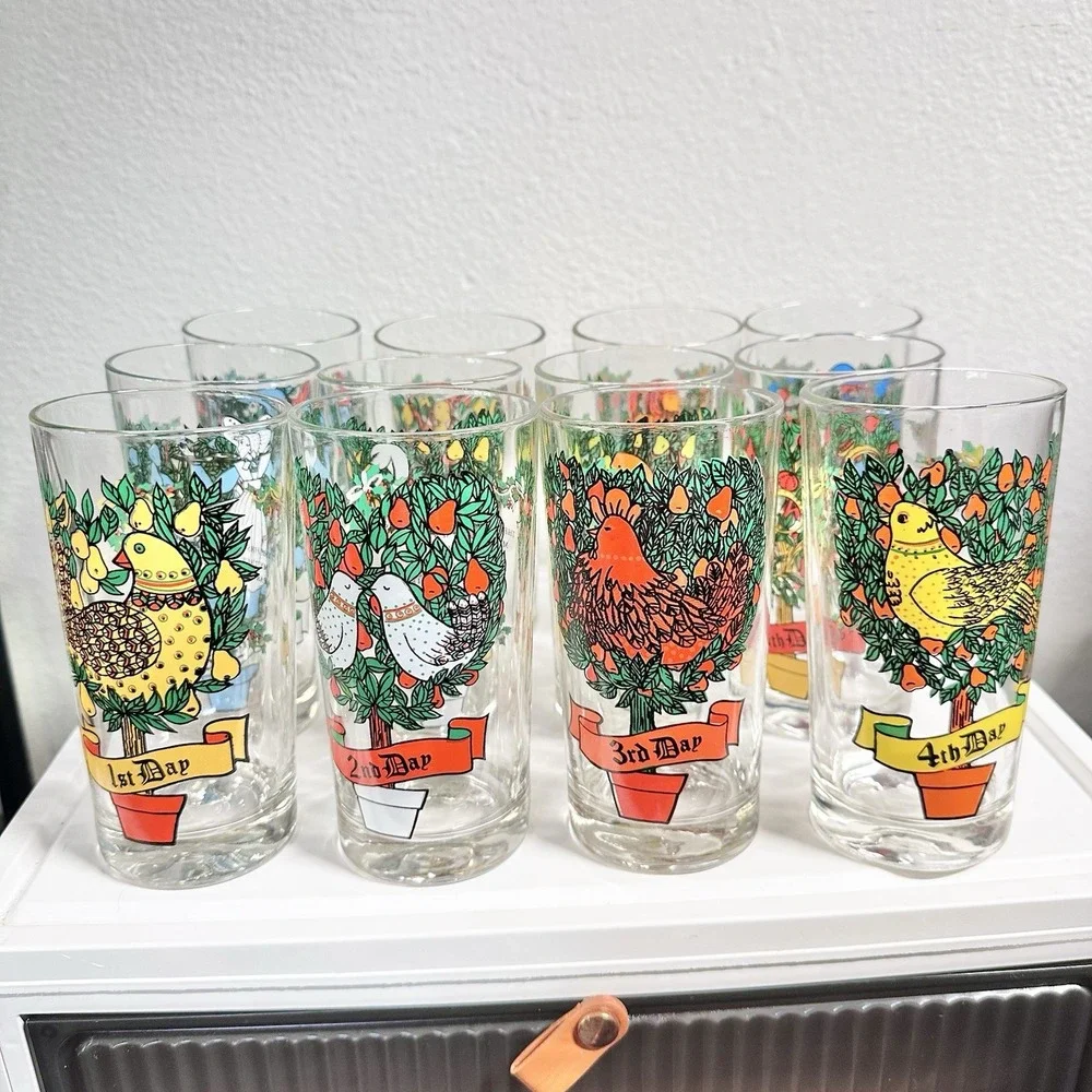 Vintage Indiana Glass 12 Days of Christmas 12oz Tumblers Complete Set of 12 EUC